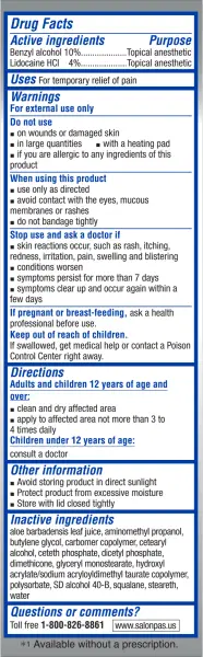 Salonpas® LIDOCAINE PLUS Pain Relieving Cream – back side of box