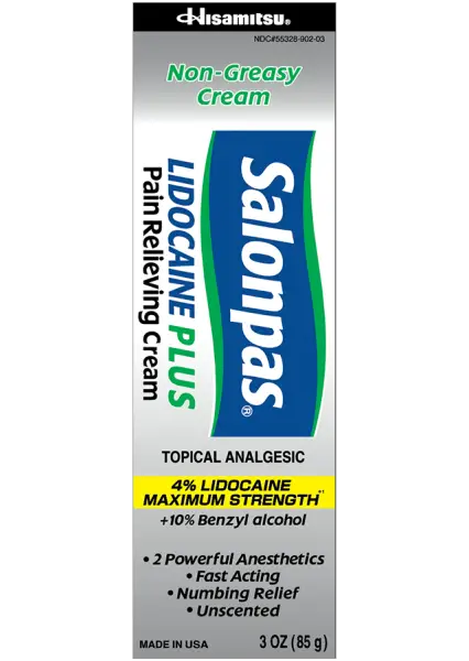Salonpas® LIDOCAINE PLUS Pain Relieving Cream – front side of box