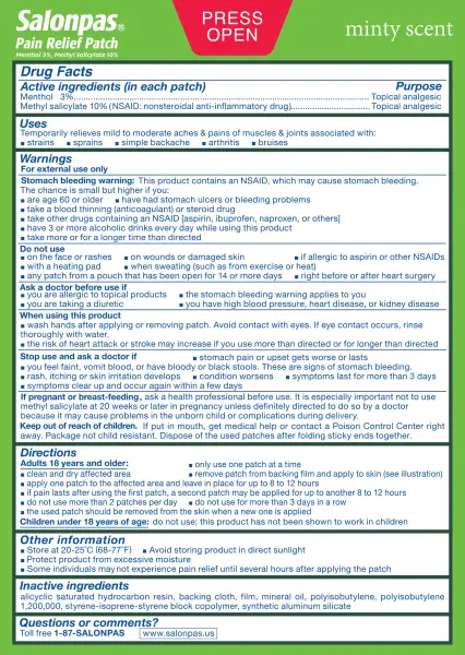Salonpas® Pain Relief Patch LARGE Drug Facts Label
