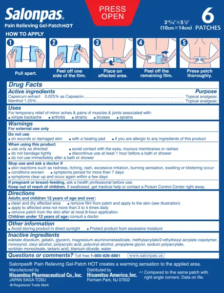 Salonpas® Pain Relieving Gel-Patch HOT – back side of box