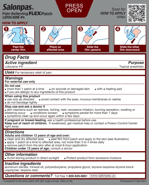 Salonpas® Pain Relieving FLEX Patch LIDOCAINE 4% – back side of box