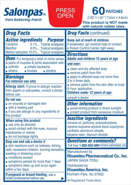Salonpas® Pain Relieving Patch Drug Facts Label